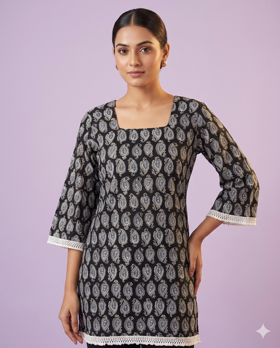 Black Paisley Print Cotton Short Kurti