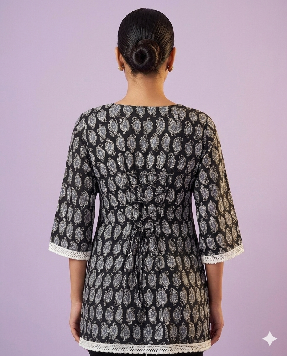 Black Paisley Print Cotton Short Kurti