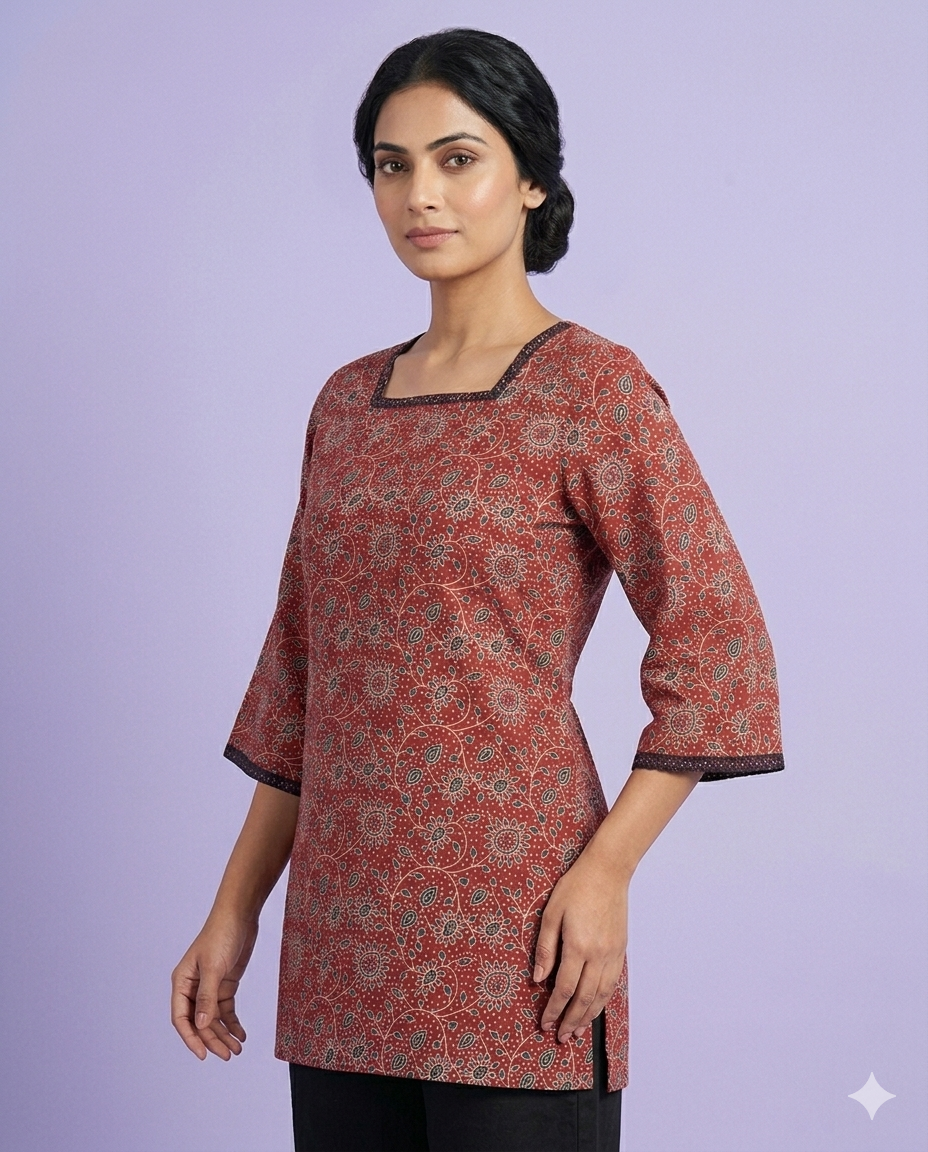 Red Floral Print Cotton Kurti