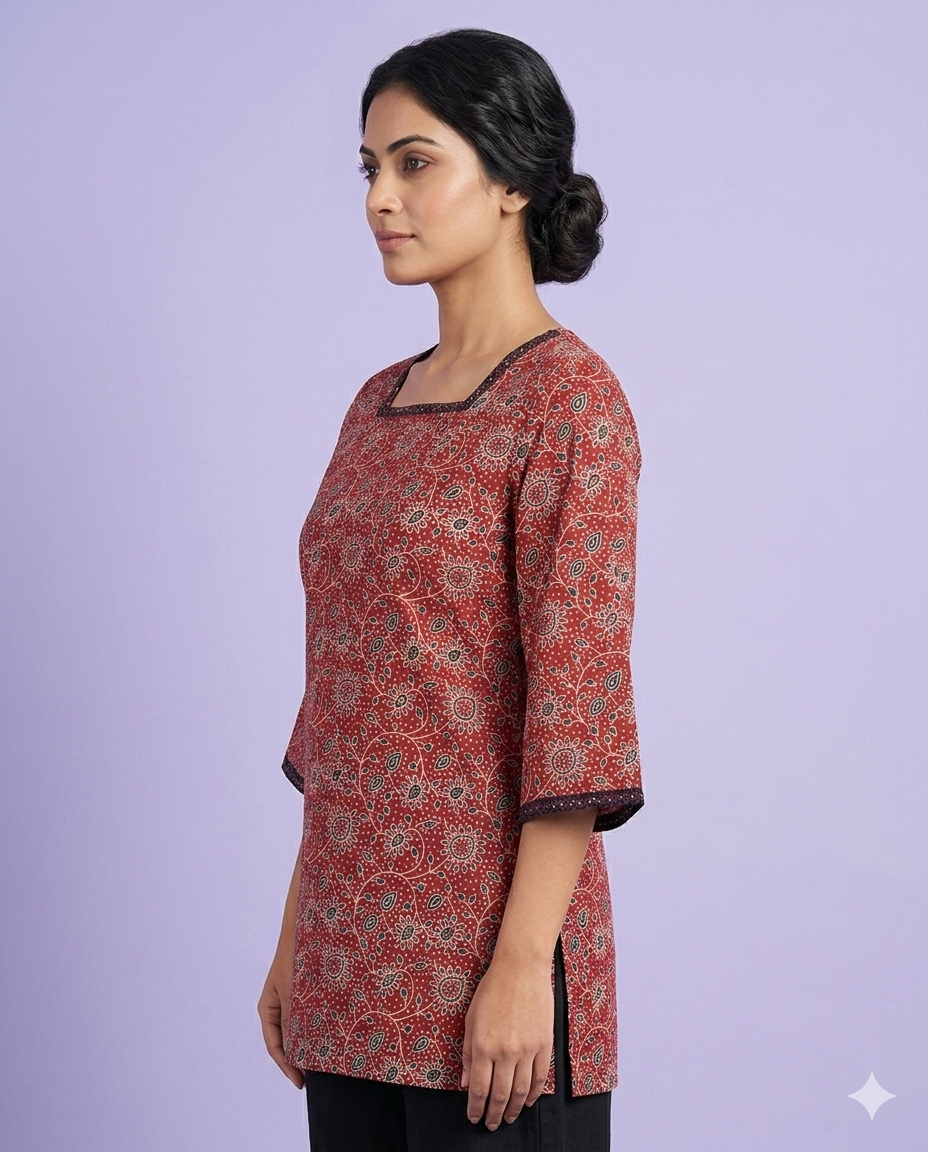 Red Floral Print Cotton Kurti
