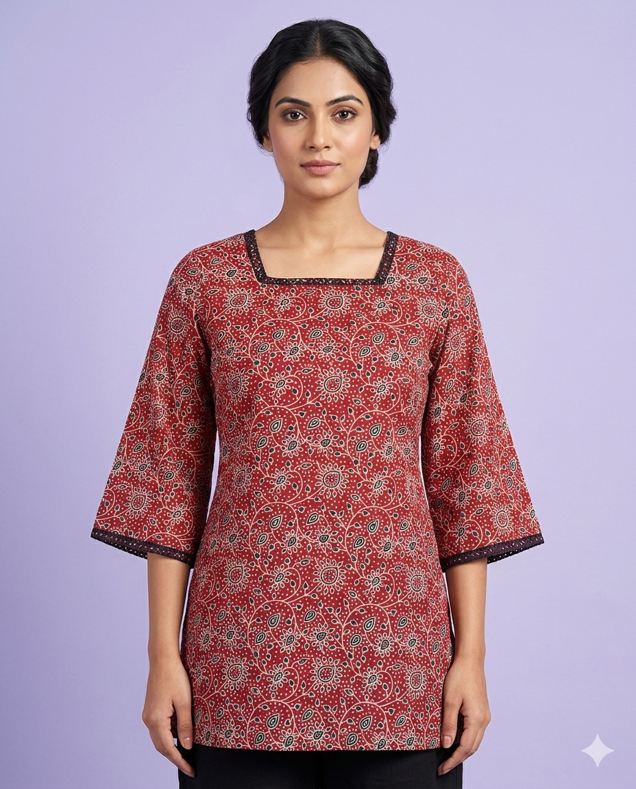 Red Floral Print Cotton Kurti