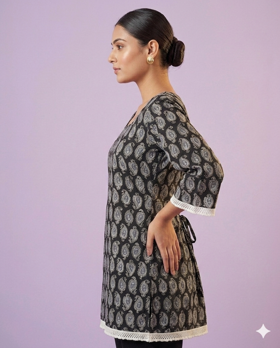 Black Paisley Print Cotton Short Kurti
