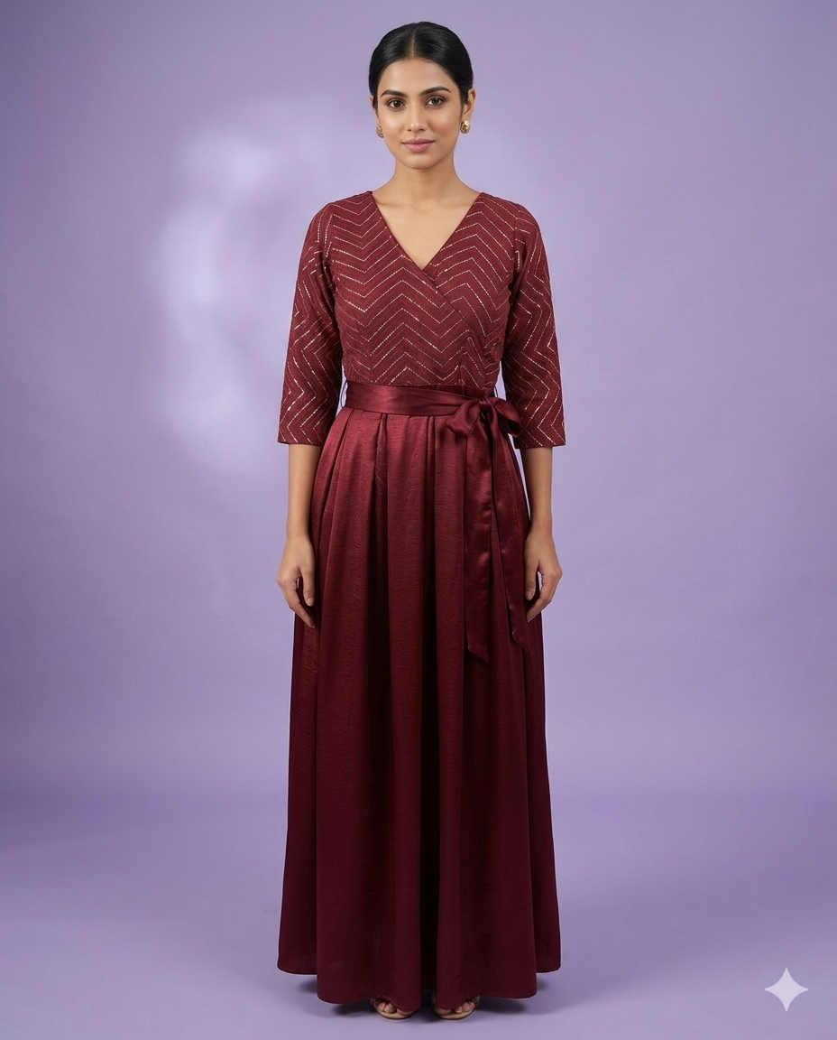 Wine Wrap Midi Dress with Tie-Up Belt