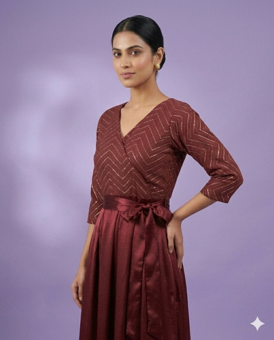 Wine Wrap Midi Dress with Tie-Up Belt
