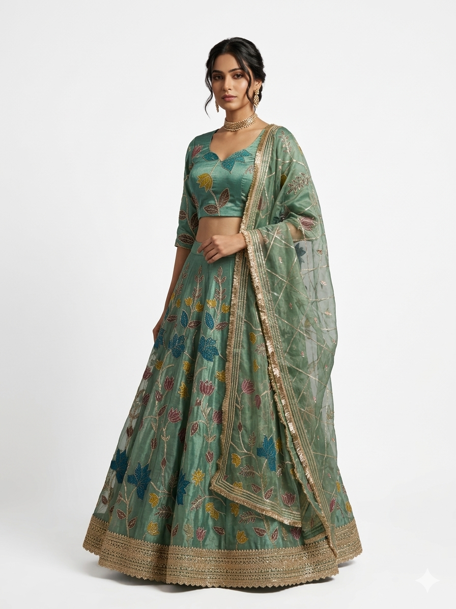 Emerald Green Embroidered Lehenga Set with Organza Dupatta