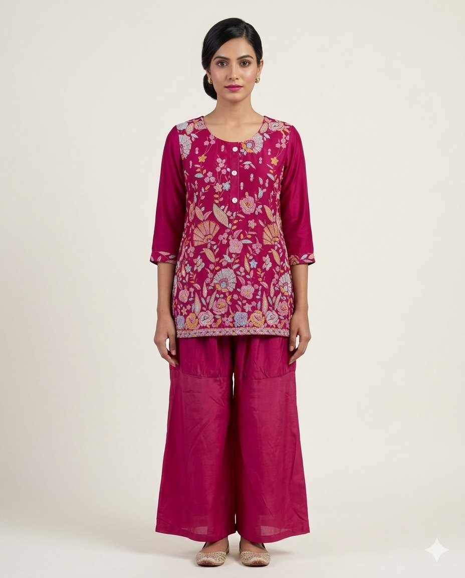 Floral Embroidered Pink Short Kurti with Sharara Set