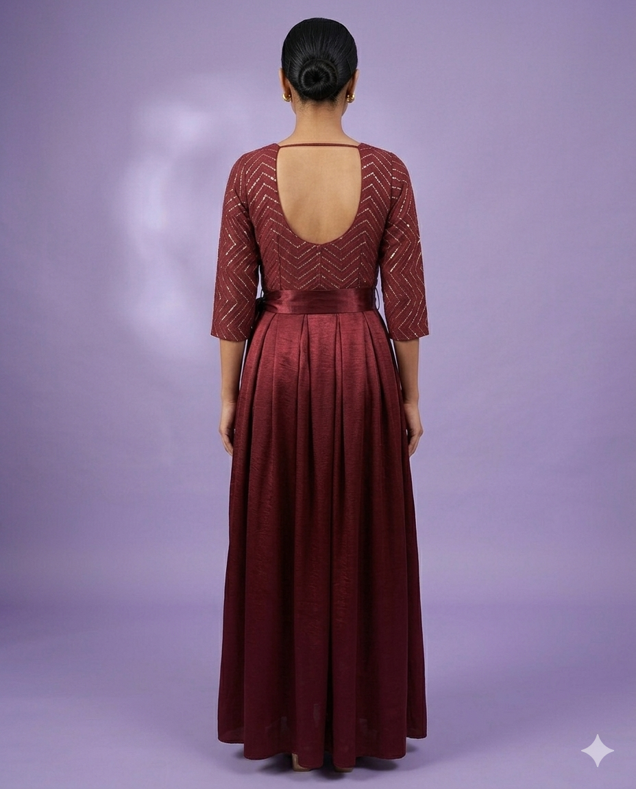 Wine Wrap Midi Dress with Tie-Up Belt