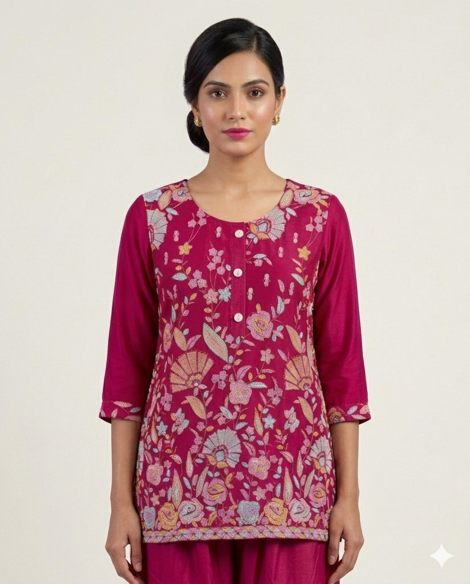 Floral Embroidered Pink Short Kurti with Sharara Set