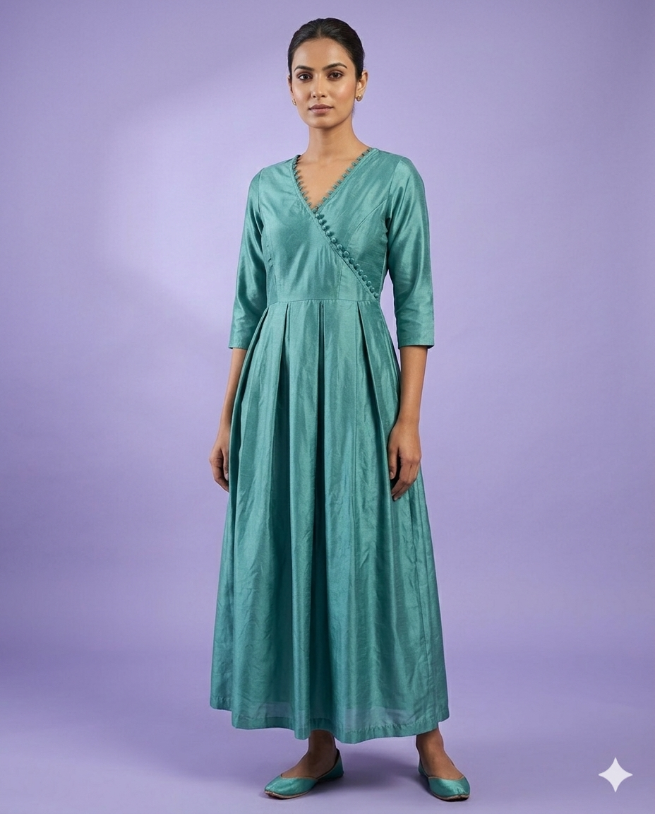 Elegant Teal A-Line Cotton Silk Midi Dress