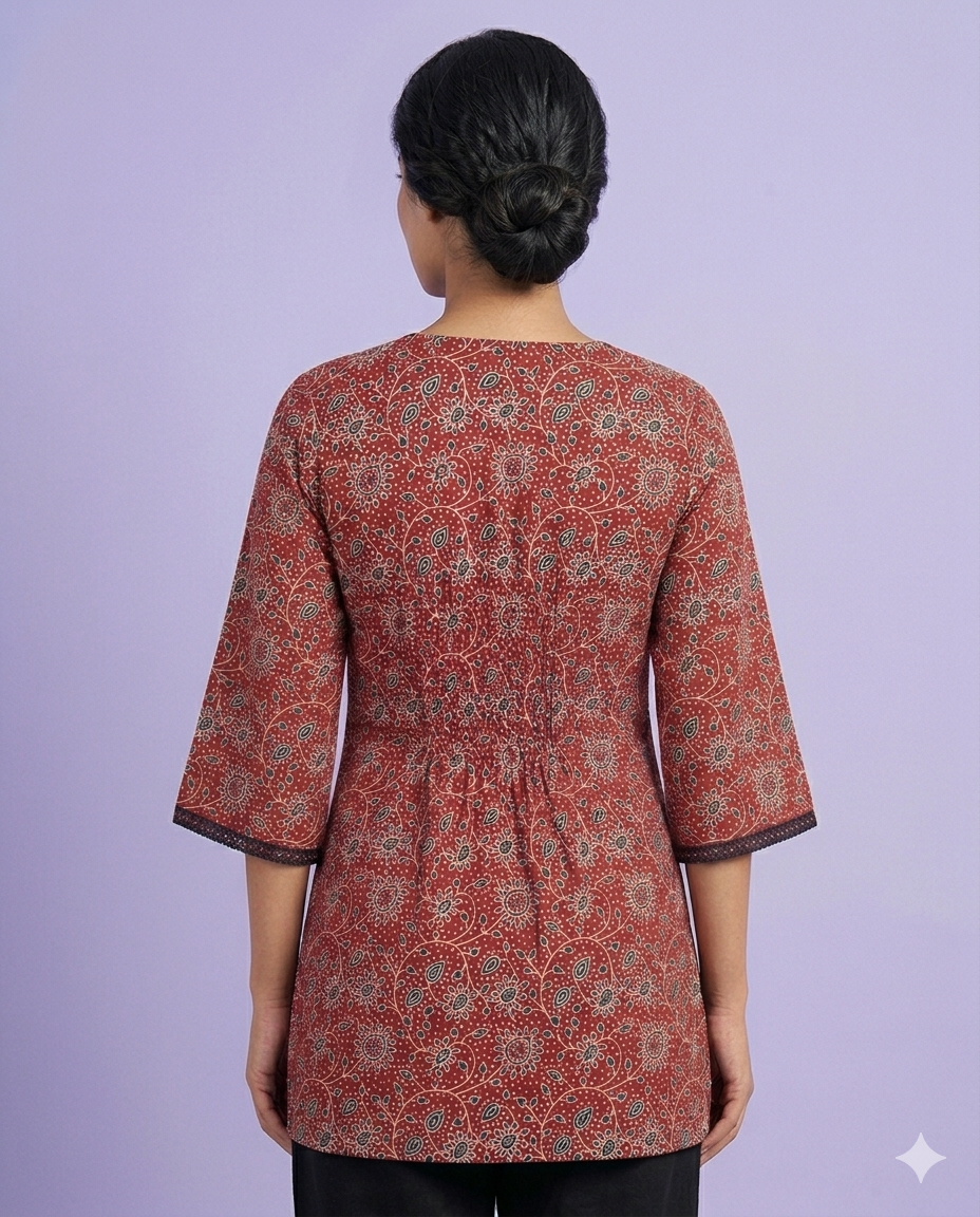 Red Floral Print Cotton Kurti