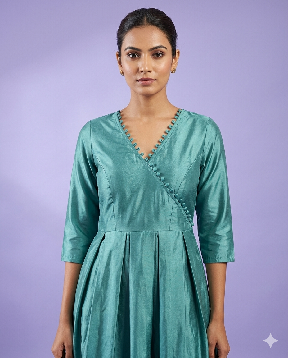 Elegant Teal A-Line Cotton Silk Midi Dress