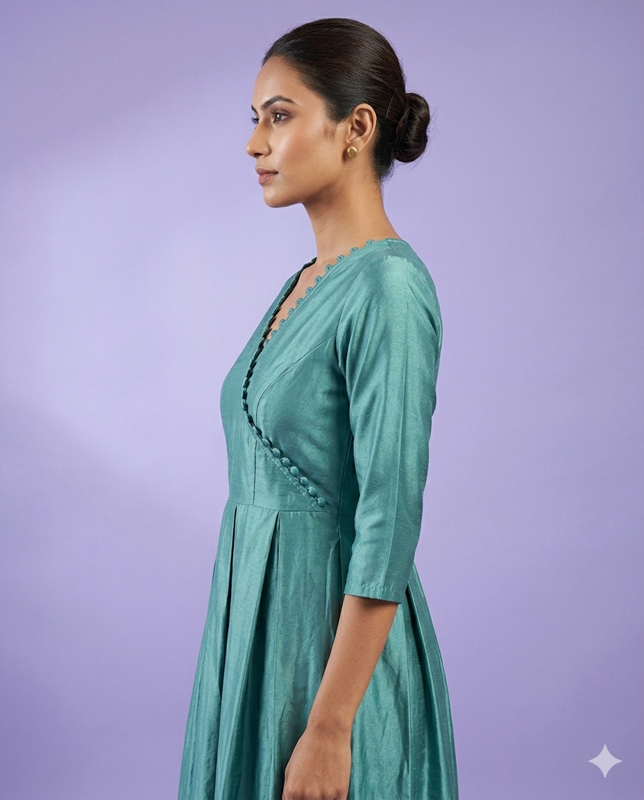 Elegant Teal A-Line Cotton Silk Midi Dress
