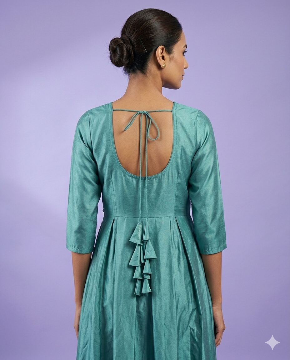 Elegant Teal A-Line Cotton Silk Midi Dress