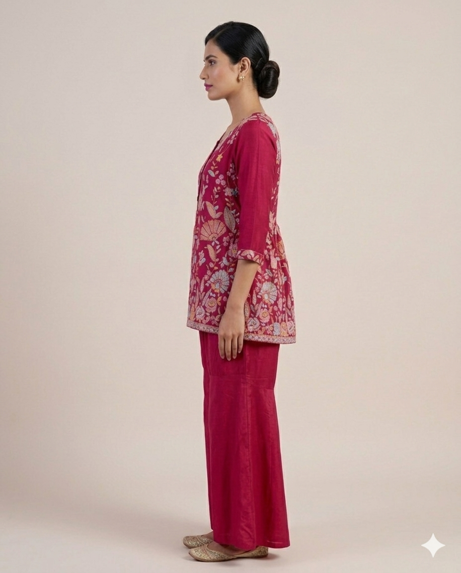 Floral Embroidered Pink Short Kurti with Sharara Set