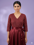 Wine Wrap Midi Dress with Tie-Up Belt