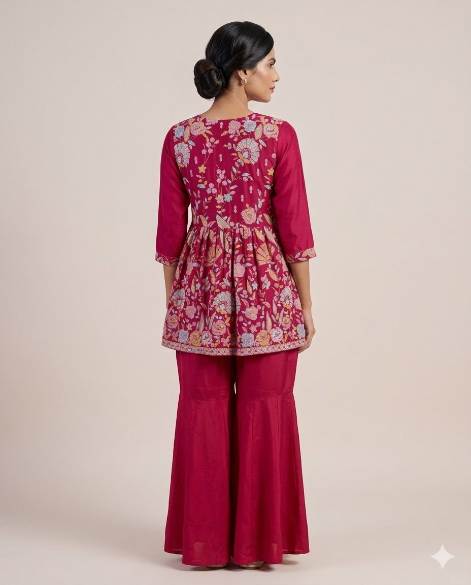 Floral Embroidered Pink Short Kurti with Sharara Set